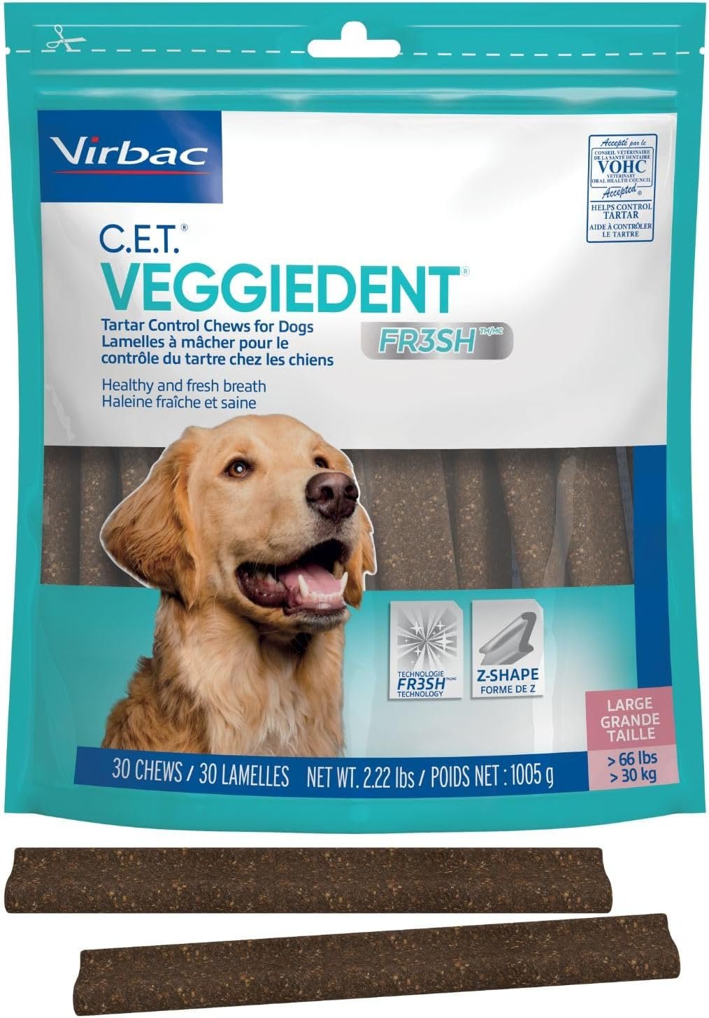 Virbac C.E.T.® VEGGIEDENT® FR3SH® Tartar Control Chews for Dogs with digestive health support, VOHC Approved, Medium 22-66lbs