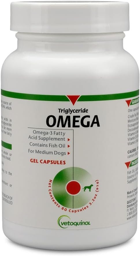Vetoquinol Triglyceride OMEGA – Fish Oil for Dogs & Cats – Supports Healthy Skin, Coat & Normal Immune Response – Supplement with Vitamin Blend for Heart, Eye, Bone & Muscle Support – 60 Capsules