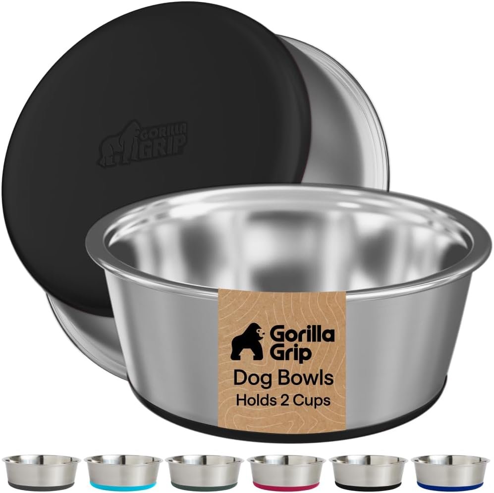 GORILLA GRIP Dog Bowls, Food Grade 304 Stainless Steel, Holds 2 Cups Each (16 fl oz) Food and Water Bowl for Feeding Dogs and Cats, Dishwasher Safe, Rust Resistant, BPA Free Rubber Base Set of 2 Black