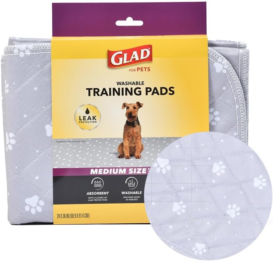 Glad for Pets Washable Dog Pee Pads, Medium, 24 x 36 Inch, 2 Count, Gray with Paw Prints, 3-Layer Leak Protection, No-Slip Vinyl Bottom, Reusable Puppy Training Pads