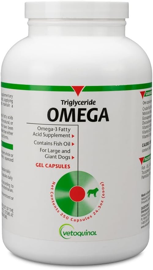 Vetoquinol Triglyceride Omega – Fish Oil for Dogs & Cats – Supports Healthy Skin, Coat & Normal Immune Response – Supplement with Vitamin Blend for Heart, Eye, Bone & Muscle Support – 250 Capsules