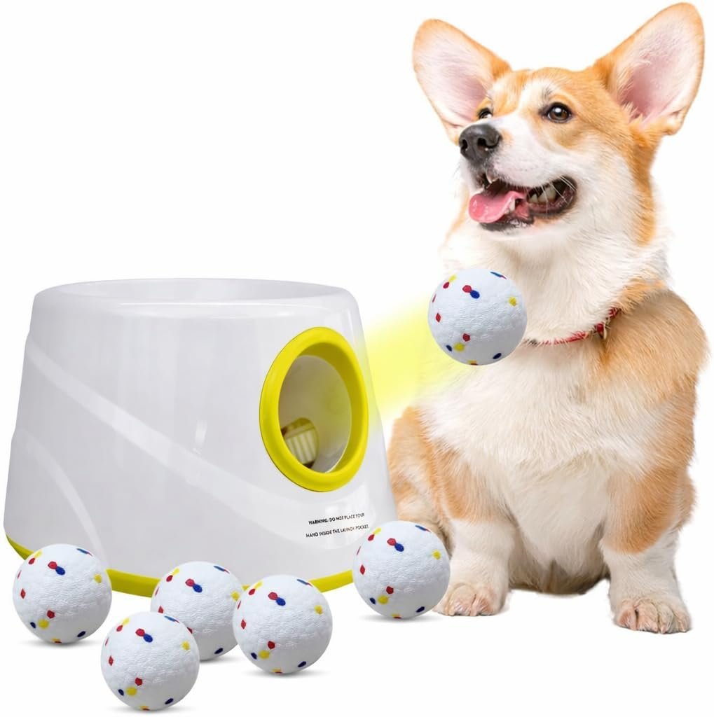 Automatic Dog Ball Launcher for Small Dogs & Medium Dogs, Interactive Fetch Machine with 3 Launch Distances (15–45 FT), USB Rechargeable, Includes 6 ETPU Balls