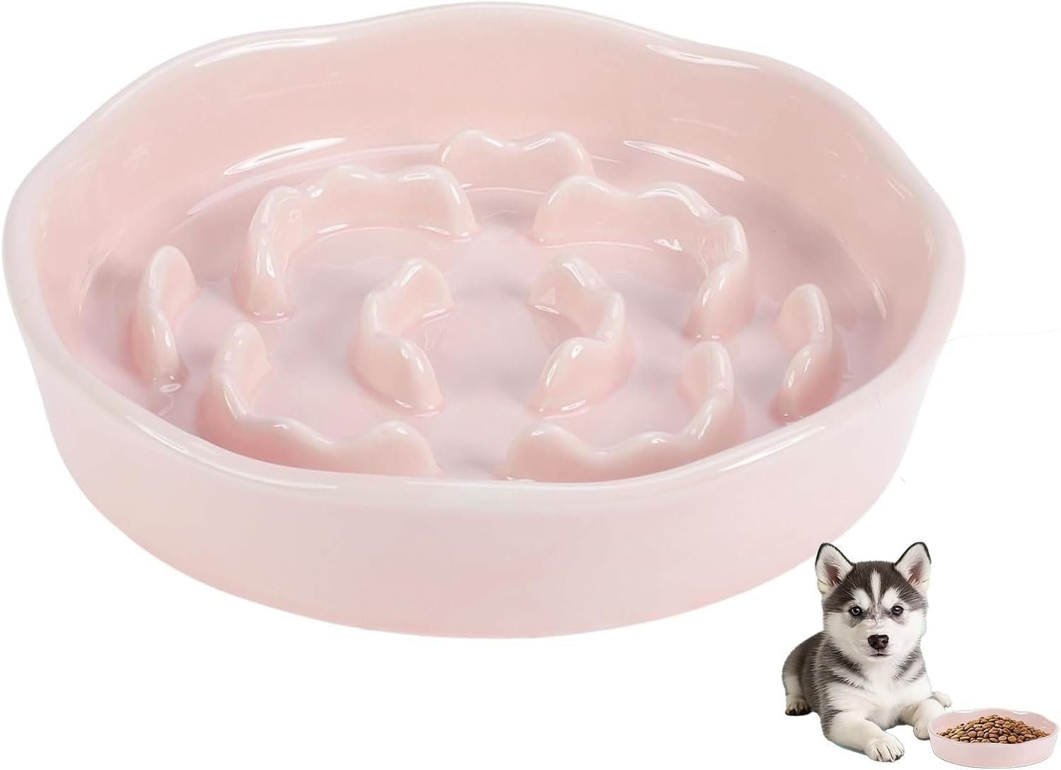 Pet Feeding Bowls, Ceramic Slow Feeder Dog Bowl – Heavy Weighted Blue Bloom Food Dish for Small to Medium Dogs – Non-Slip, Microwave & Dishwasher Safe Pottery Maze to Fast Eating (Pink)
