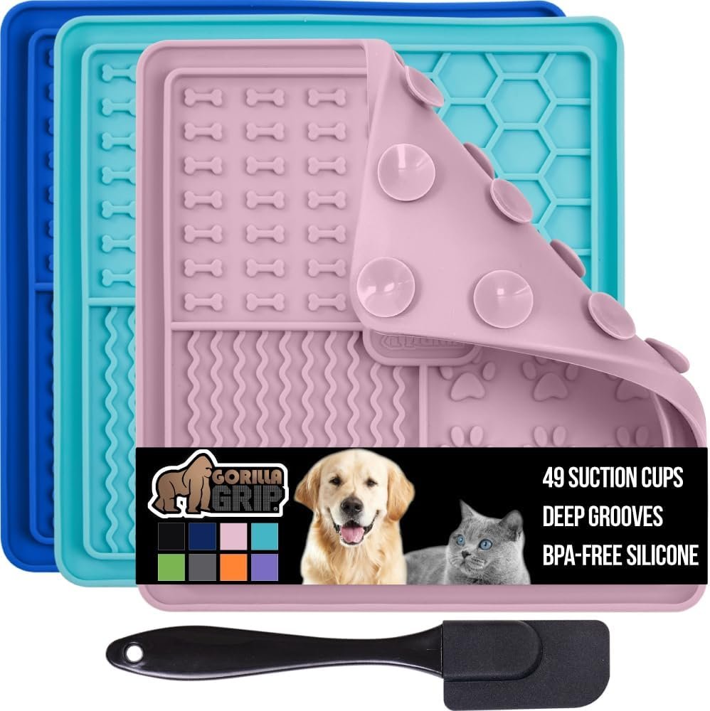 GORILLA GRIP BPA Free Silicone Lick Mat for Dogs, 49 Powerful Grip Suction Cups, Dishwasher and Freezer Safe Flexible Licking Pad for Dog Baths, Cat Grooming, Nail Trimming, Turquoise Pink Blue 3 Pack