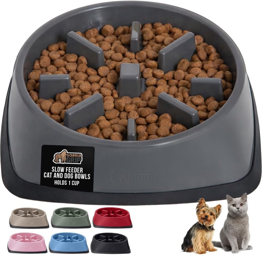 GORILLA GRIP® Patented BPA Free Slow Feeder Dog Bowls, Interactive Puzzle Toy for Dogs and Cats Food Training Enrichment, Keeps Pets Busy and Prevents Puppy Overeating, Small Breeds, 1 Cup, Gray