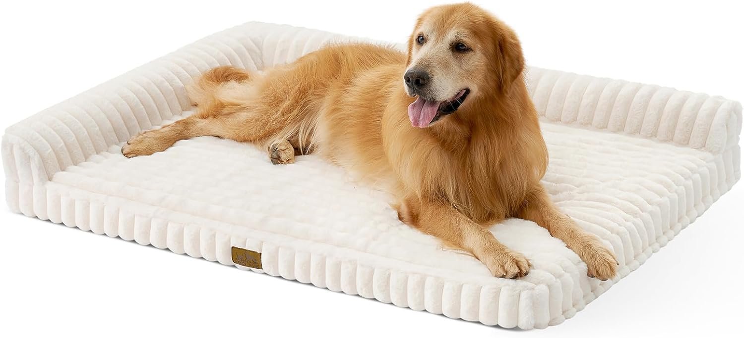 COZY KISS Faux Rabbit Fur Extra Large Dog Bed – 48″x35″ Orthopedic Foam Couch with Sides, Removable Washable Cover & Waterproof Lining, Cream