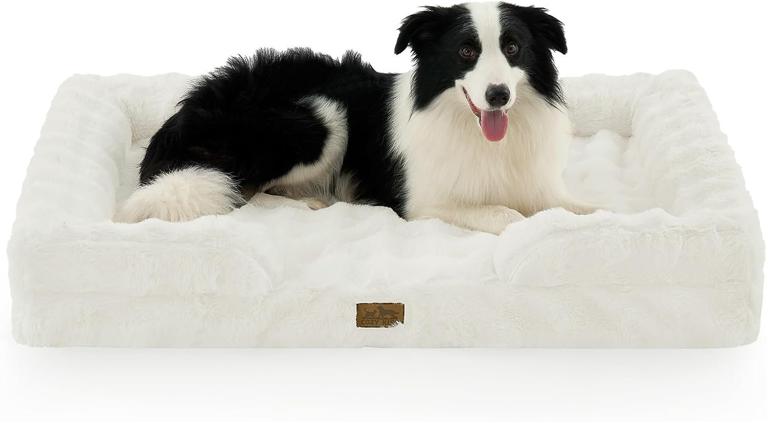 COZY KISS Orthopedic Dog Bed for Extra Large Dog 44×32 inch, XL Faux Fur Pet Sofa, Bolster Foam Bed with Sides, Non-Slip and Egg-Crate Big Dog Couch Bed with Washable Removable Cover, Beige