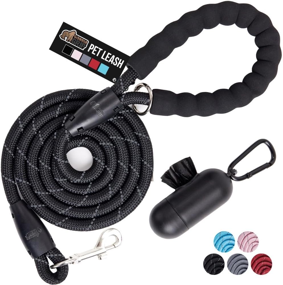 GORILLA GRIP Dog Leash, Heavy Duty Reflective Rope Leashes for 202lb Dogs, Cats, Small Animals, Puppy Training Essential for Walks, Hikes, Soft Handle, Rotating Metal Clip, Waste Bag Dispenser, Black
