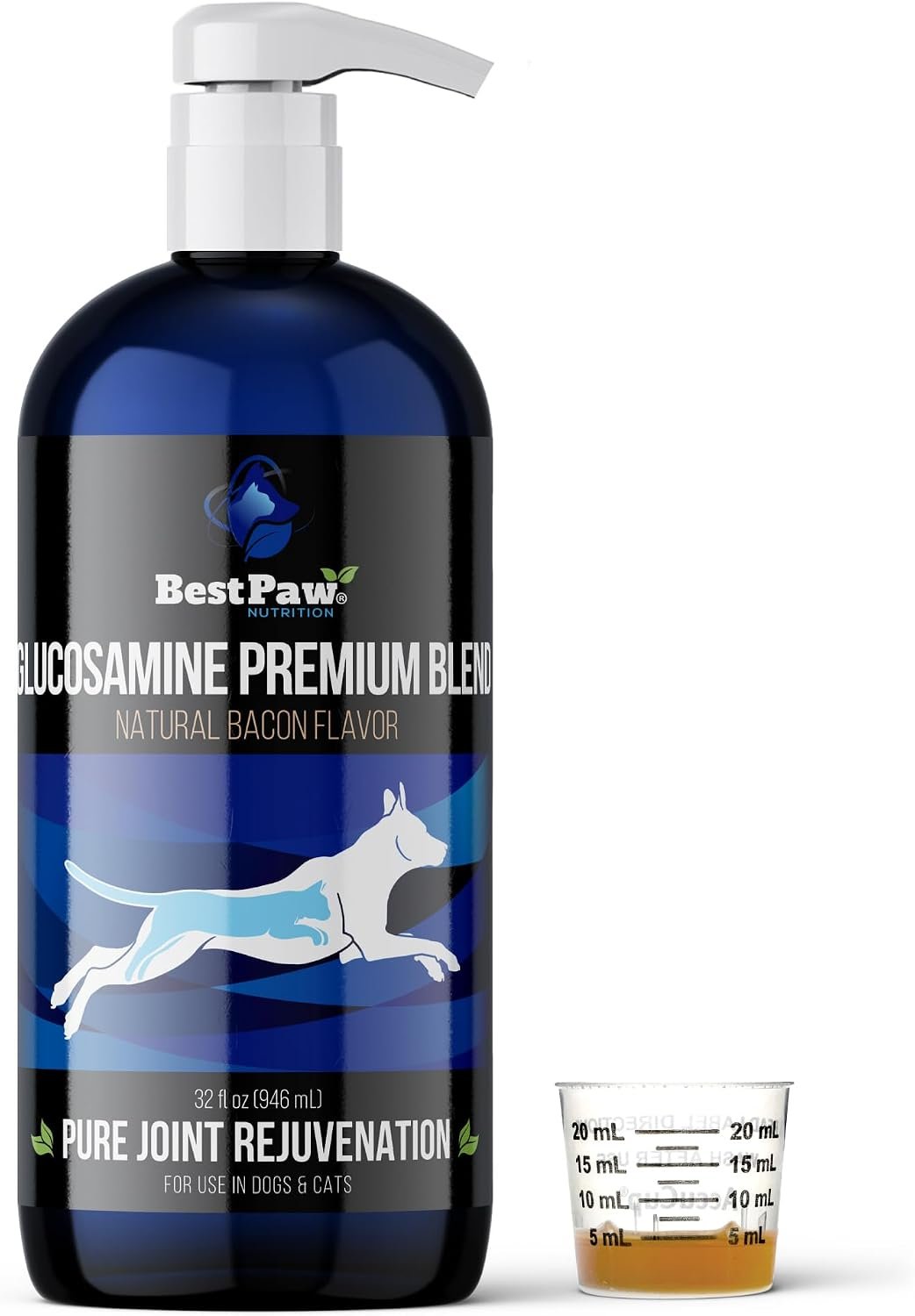 Liquid Glucosamine for Dogs | Glucosamine Chondroitin MSM with Hyaluronic Acid | Hip and Joint Supplement | Bacon Flavor | Easy Pump Food Topper | 32oz