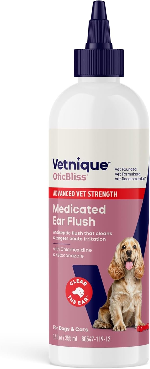 Vetnique Oticbliss Dog Ear Infection Treatment Flush & Ear Cleaner for Dogs & Cats, Antiseptic Antifungal with 0.2% Chlorhexidine and 0.2% Ketoconazole, Medicated Wash for Yeasty Smell, Floppy Ears