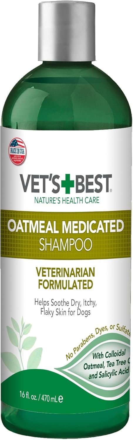 Vet’s Best Medicated Oatmeal Shampoo for Dogs, Soothes Dry Itchy Skin, Moisturizes & Conditions Coat, Aloe Vera, Tea Tree Oil & Vitamin B5 Formula, Dog Dandruff & Sensitive Skin Relief, 16 oz