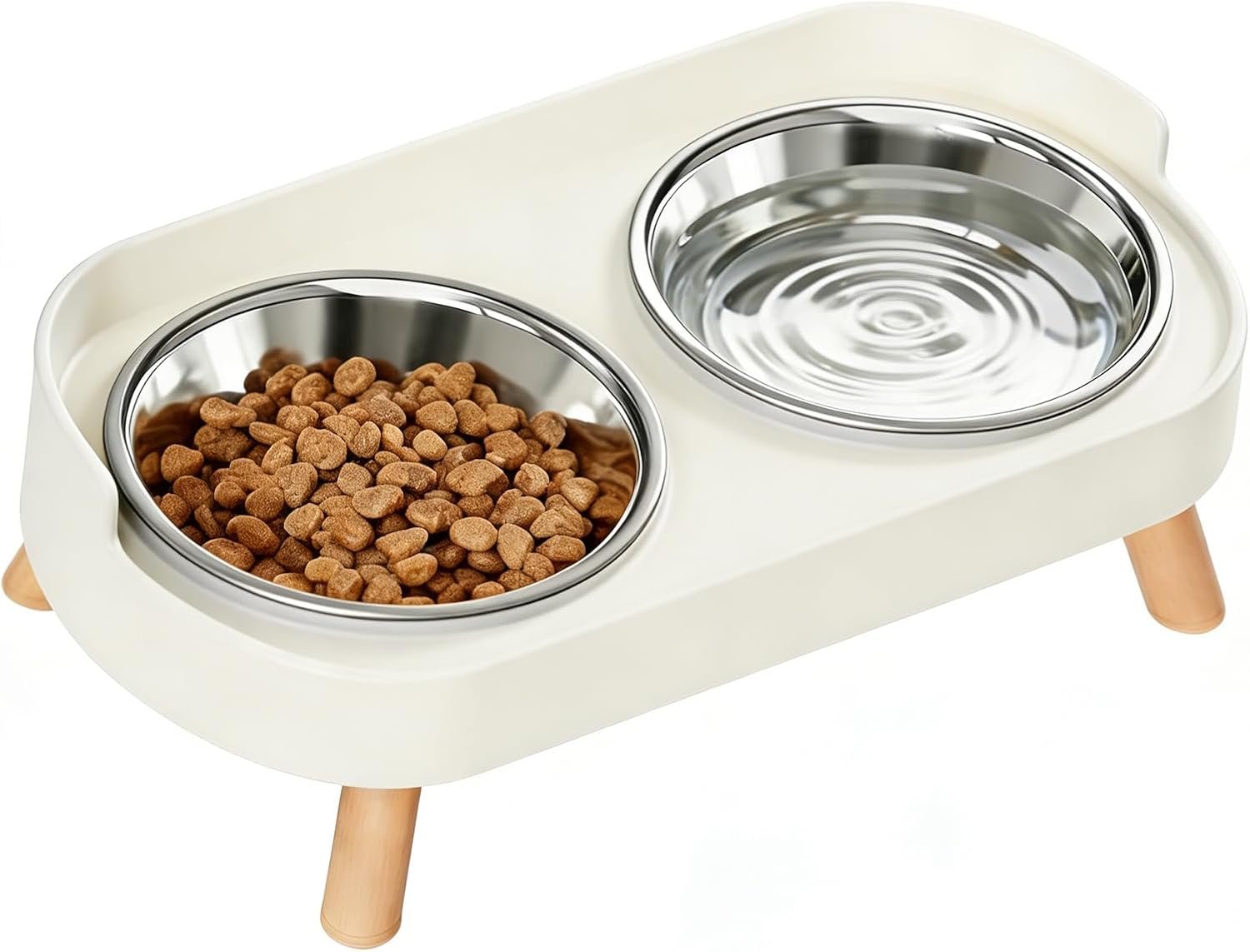 Elevated Cat Bowls, 2 Stainless Steel Raised Cat Food and Water Bowl Set, Splash Proof & Non-Slip, Whisker Fatigue Friendly, Dishwasher Safe for Cats and Small Dogs – White