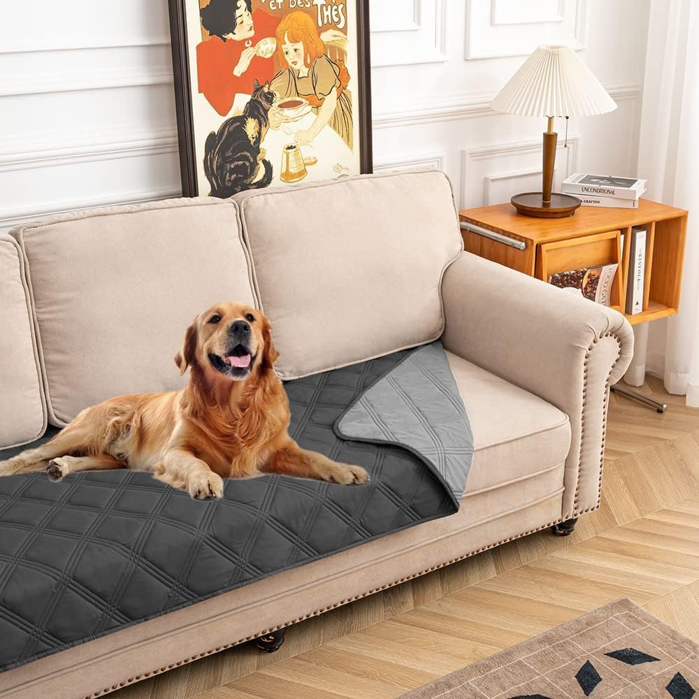 fuguitex Waterproof Dog Blanket Reversible for Small Dogs Resistant Leakproof Washable Couch Cushion Bed Protector Cover for Indoor Furniture Pet Friendly（30″*70″,Dark Grey+Grey