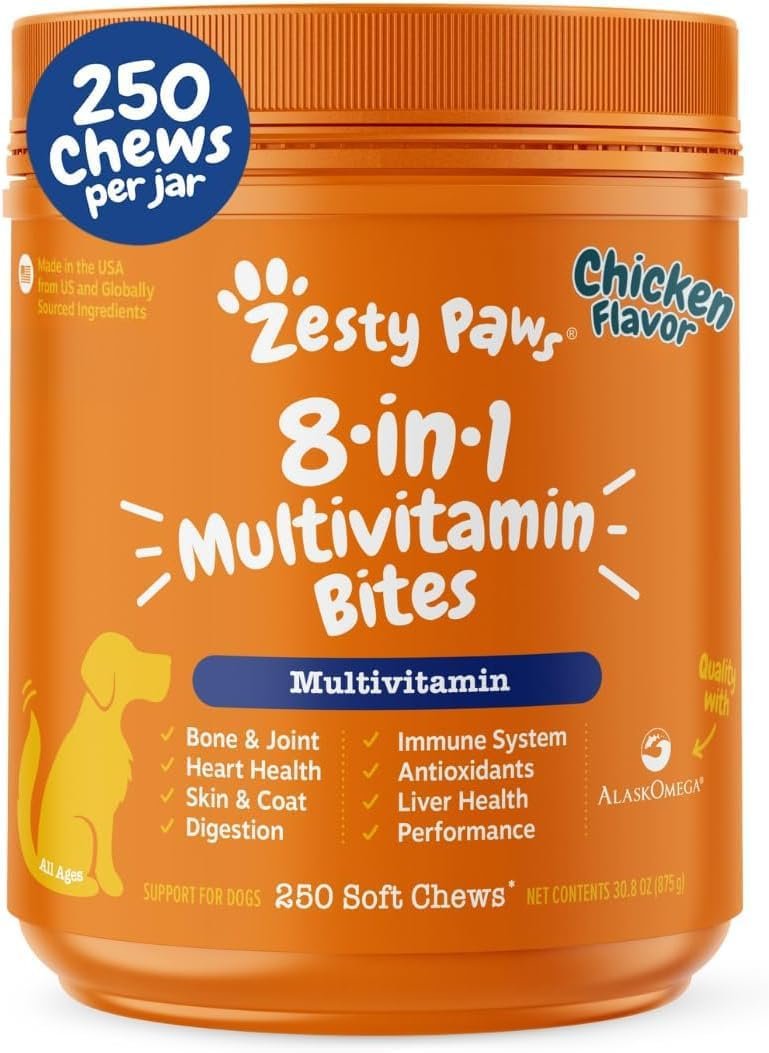 Zesty Paws Dog Multivitamin, Chewable Dog Vitamins and Supplements for Hip & Joints, Skin & Coat, Omega 3 Fish Oil for Dogs- Senior & Puppy Multivitamin – Chicken- 250ct