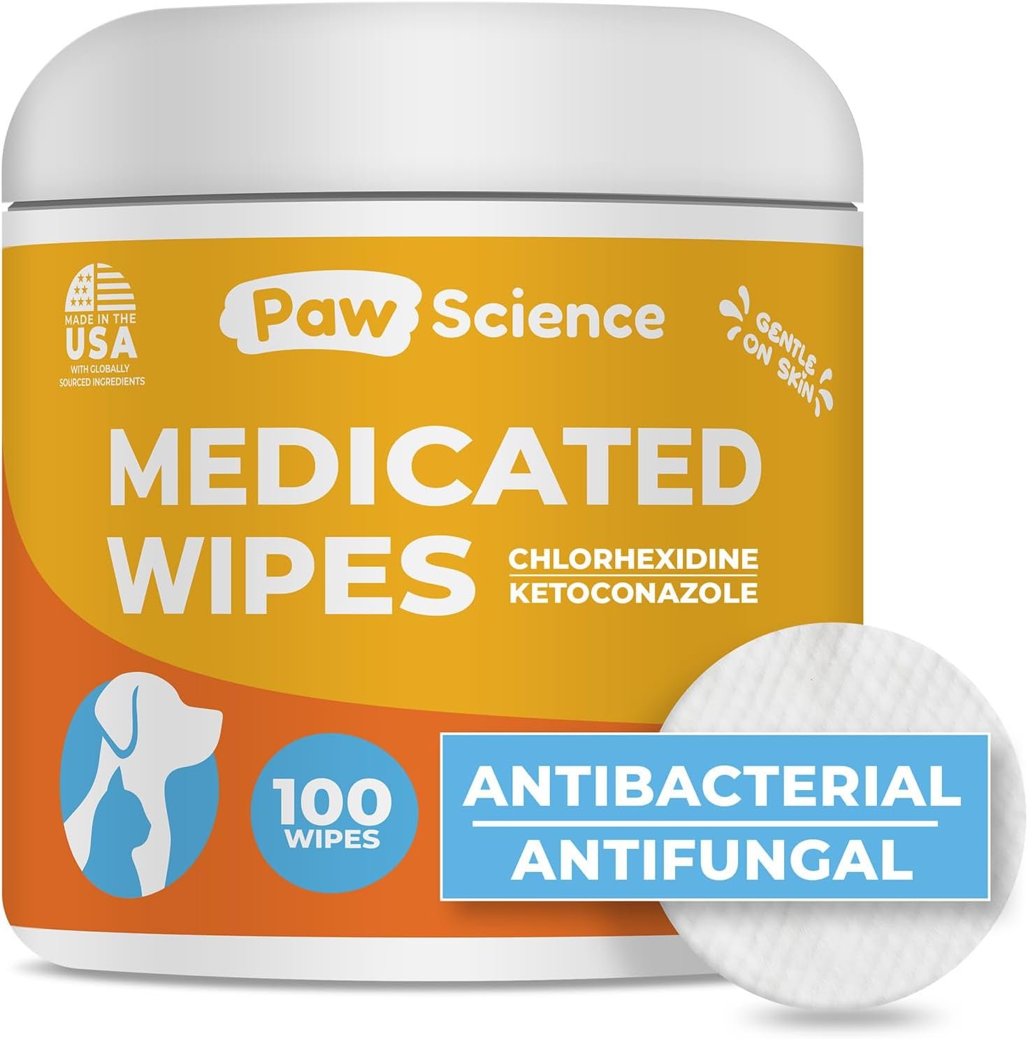 Paw Science Antibacterial & Antifungal Medicated Wipes for Dogs and Cats – 100 Count – Chlorhexidine Wipes with Ketoconazole for the Treatment of Rashes, Skin Infections, Itchy Paws, and Pet Acne