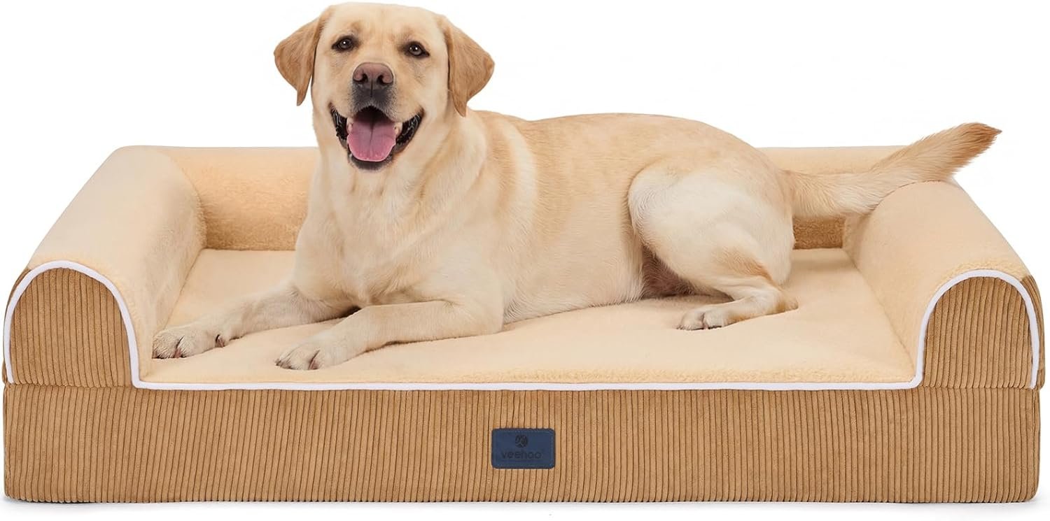 Veehoo Orthopedic Dog Beds Large Sized Dog, Extra Thick Supportive Dogs Couch with Waterproof Washable Cover, Large Comfort Pet Sofa with Ultra-Soft Faux Rabbit Fur