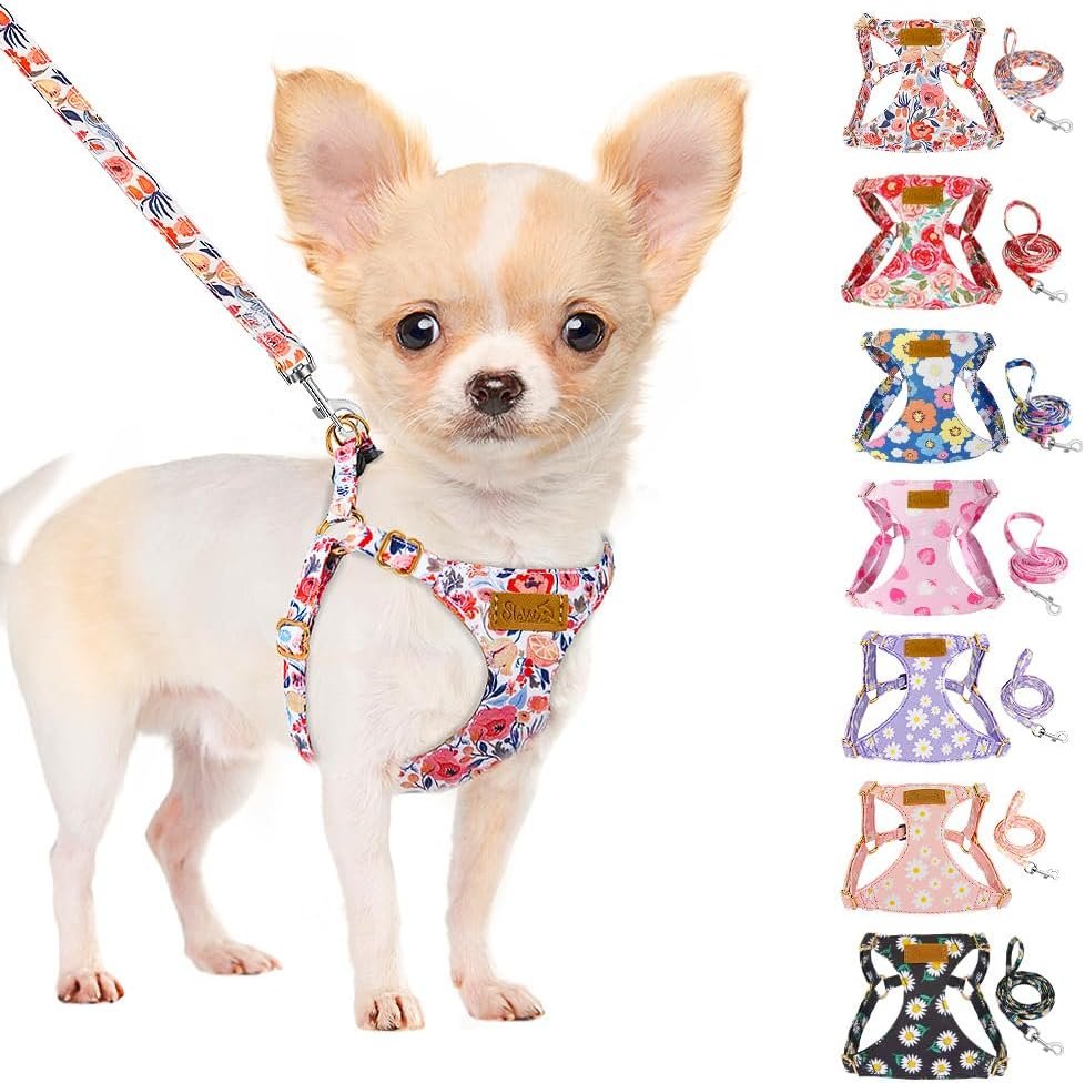 SlowTon No Pull Dog Harness with Leash – Soft Lightweight Floral Pattern Puppy Harness, Adjustable Pet Harness for Small Medium Dogs (Flower XXS)