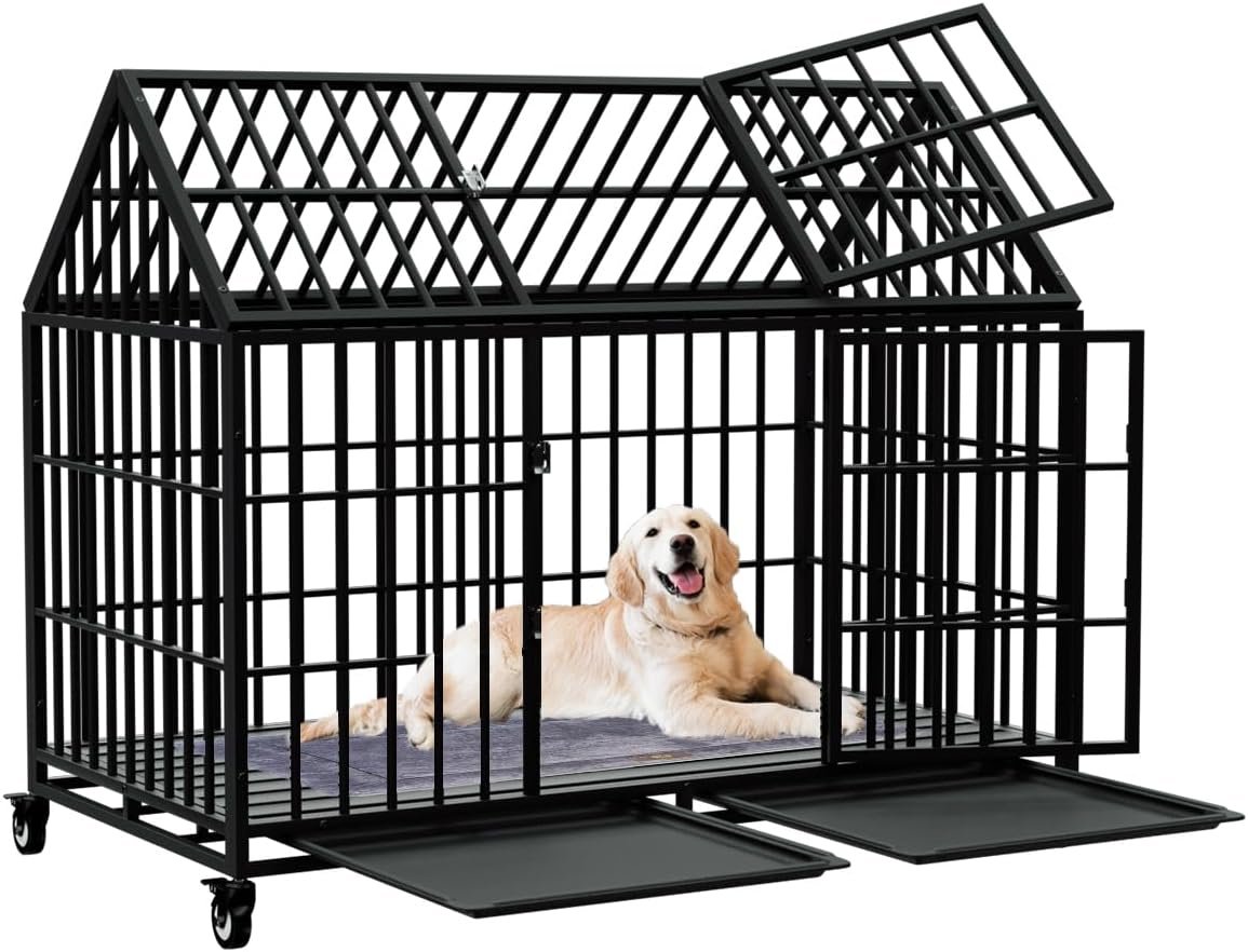 54″ Heavy Duty Dog Crate Large Dog cage Strong Metal Dog Kennels and Crates for Large Dogs Top Open with 2 Doors 4 Lockable Wheels 2 Removable Trays