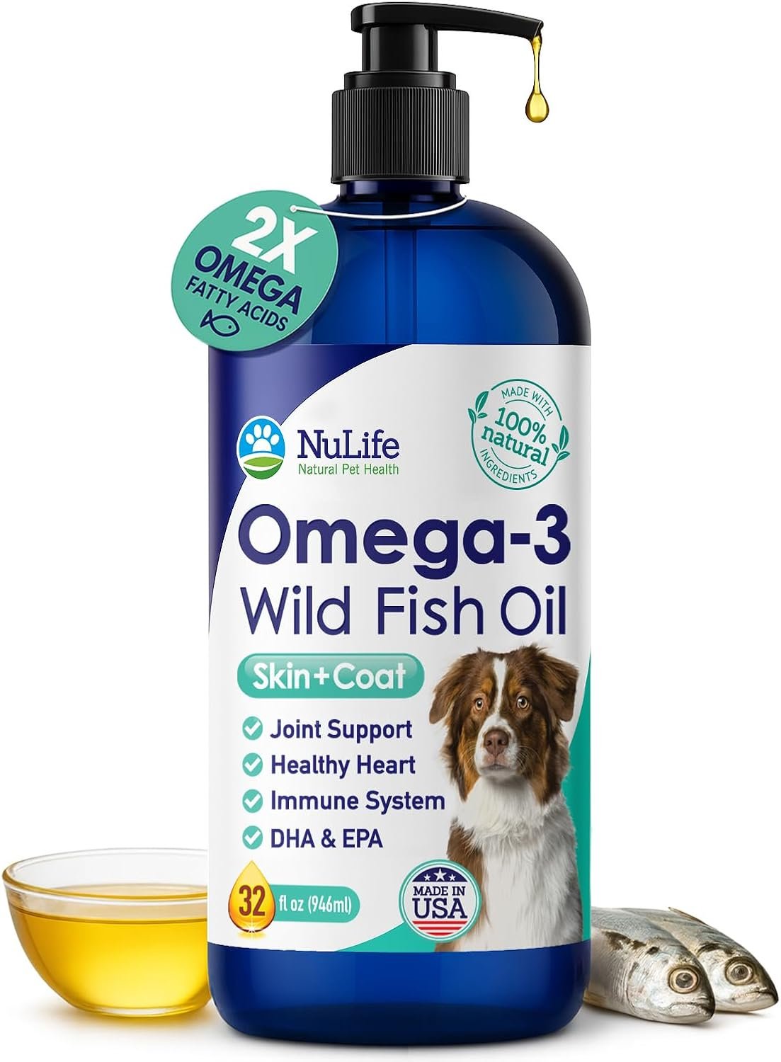 Liquid Fish Oil for Dogs with Omega 3, 6 & 9 Fatty Acids, Wild Caught from Iceland, Skin and Coat Supplement for Shedding, Itchy Skin, Allergies, Brain and Heart Health, Rich in EPA + DHA – 32 oz