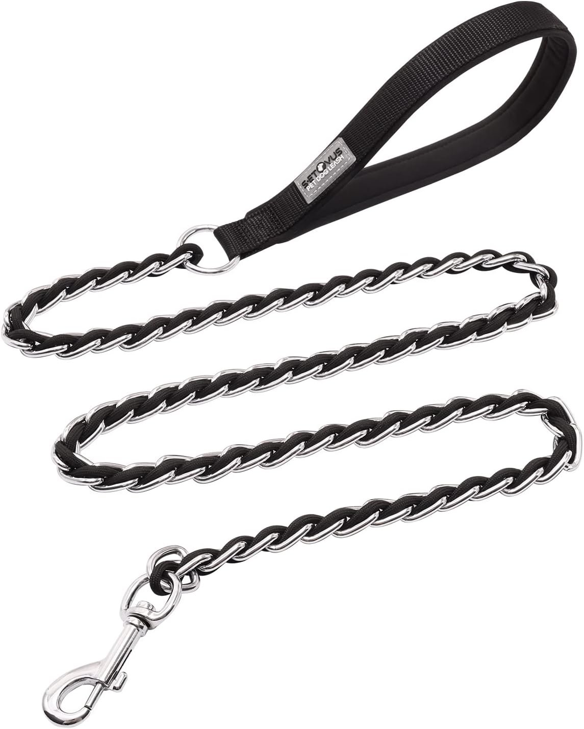 Chain Dog Leash Chew Proof Metal Leash for Medium Large Dogs, Chain Link Dog Anti Chew 5.2FT / 4FT Strong Anti Bite Comfortable Soft Padded Handle (Black, 4FT(30-80lb)