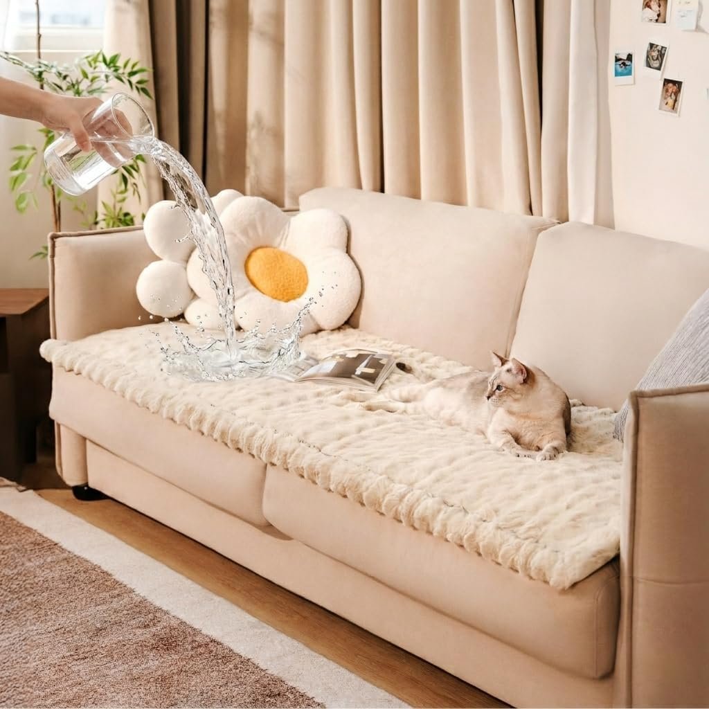 FUNNY FUZZY Couch Cover for Dogs Waterproof, Thick Water Proof Couch Cover for Pets Washable, Pet Friendly Fuzzy Sofa Blanket Dog Bed Covers Non Slip for Couches and Sofas, Khaki, 27.6″×59.1″