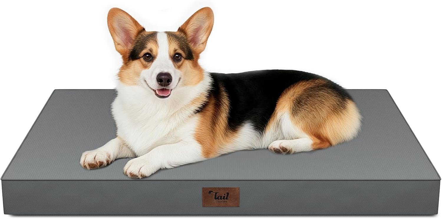 Outdoor Orthopedic Dog Bed, Waterproof Dog Bed for Large Dogs 36×27 Inch, Egg Crate Foam Pet Mat with Washable Removable Oxford Cooling Cover, Grey