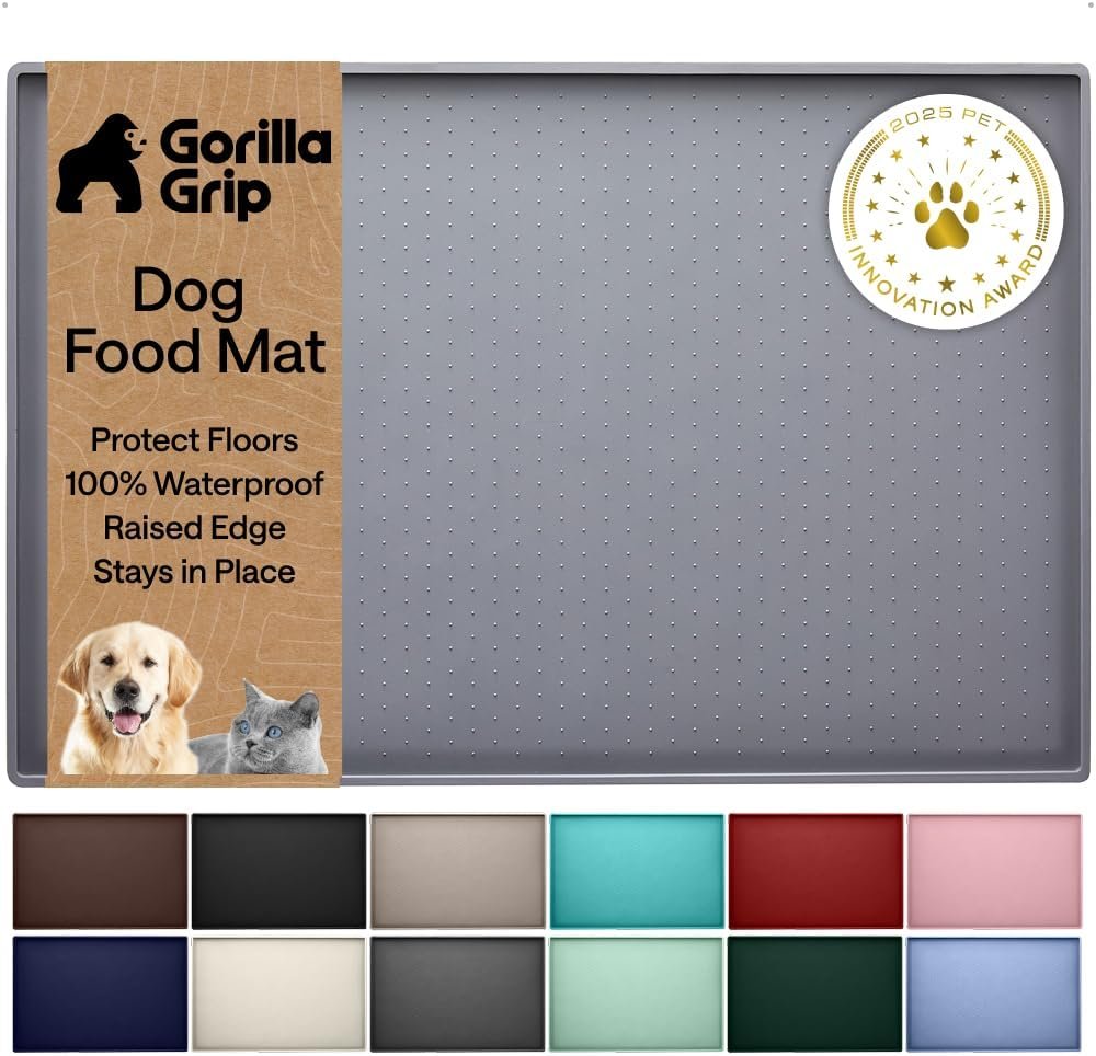 GORILLA GRIP 100% Waterproof Raised Edge BPA Free Silicone Pet Feeding Mat, Dog Cat Food Mats Contain Spills Protects Floors, Placemats for Cats and Dogs Water Bowl, 18.5×11.5, Gray