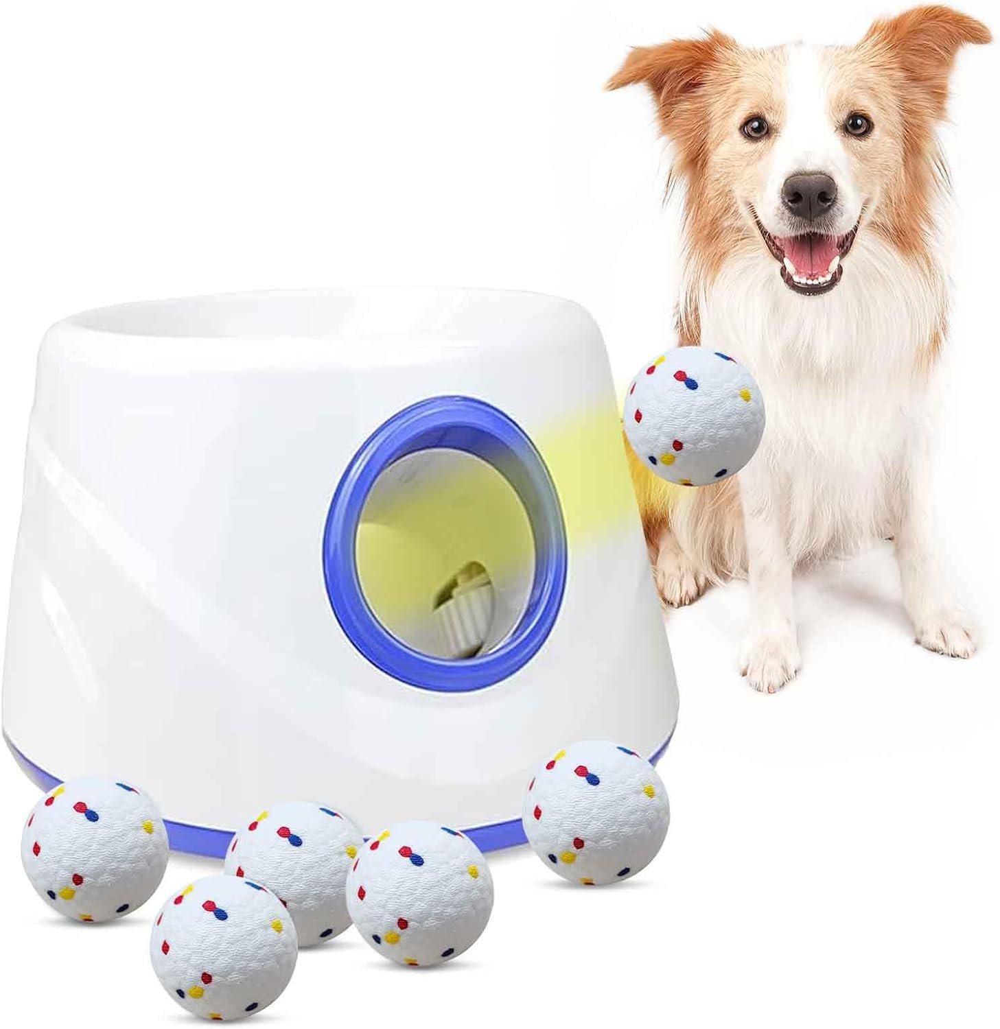 Automatic Dog Ball Launcher, Dog Ball Throw Launcher, 3 Adjustable Distance 20-45FT, with 6 2.3-inch ETPU Balls, for Small/Medium Dogs, Outdoor Interactive Toys