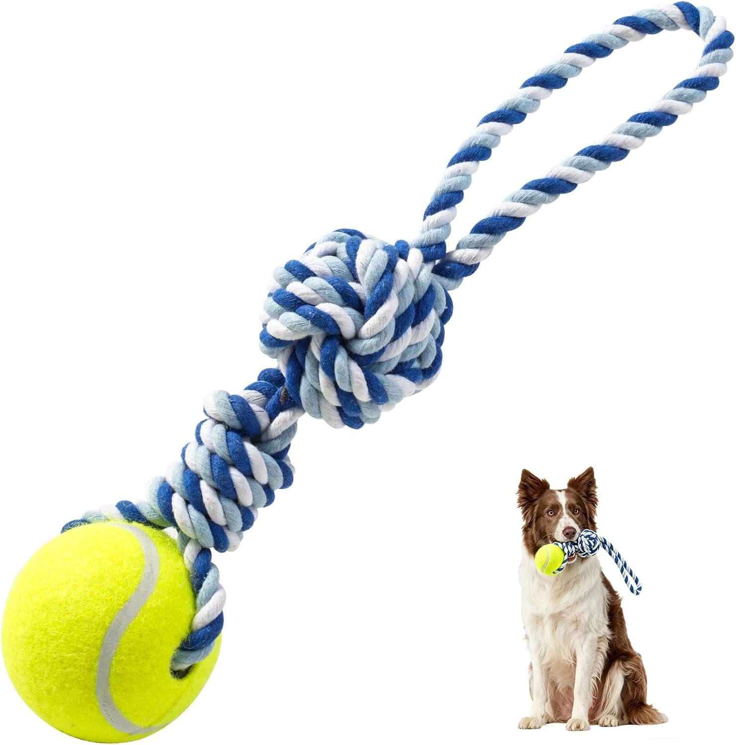 Interactive Tug of War Rope Toy for Medium & Small Dogs – Outdoor Tether Tug Toy with 1 Knot & Tennis Ball, Puppy Teething Chew Cotton Toy