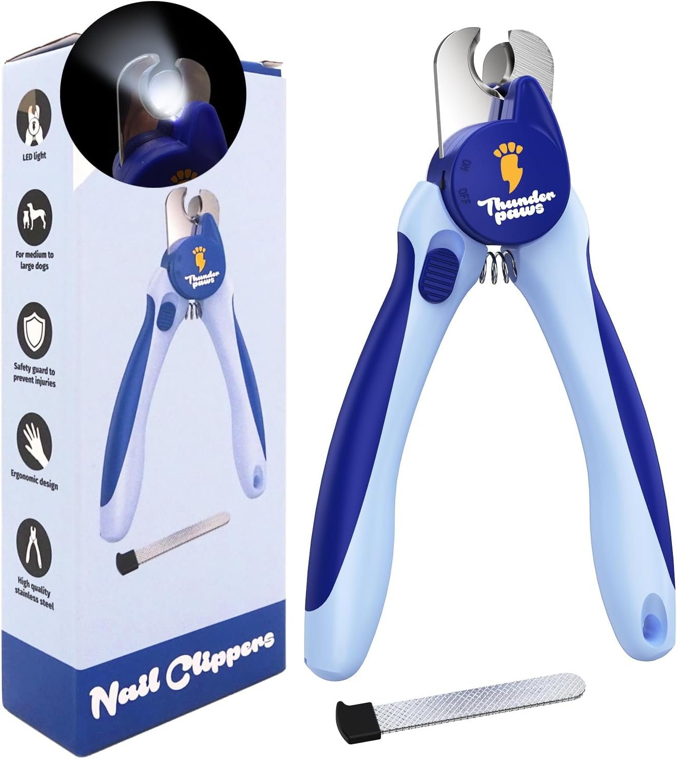 LED Dog Nail Clippers with Light, Trimmers with Protective Guard, Quick Sensor, Safety Lock and Nail File – Suitable for Large and Small Dogs & Cats (Blue, LED)
