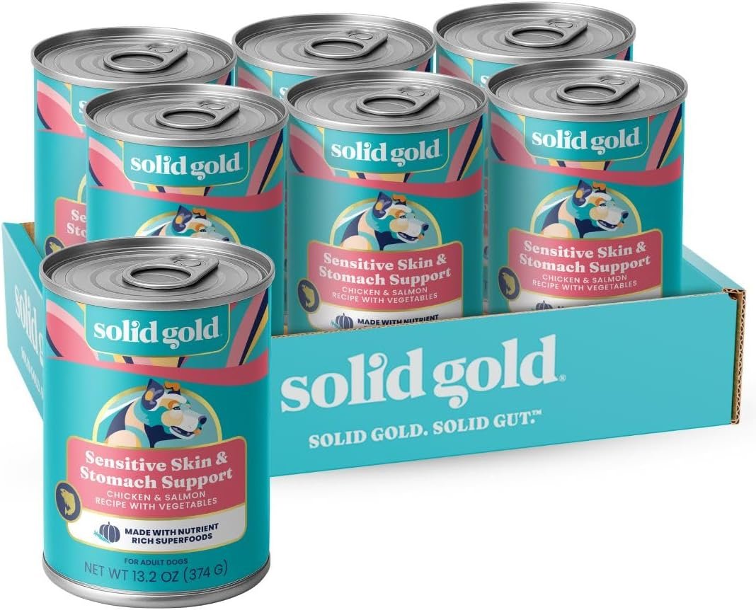 Solid Gold Sensitive Stomach Wet Dog Food for Adult & Senior Dogs – Grain Free Wet Dog Food w/Real Chicken, Salmon, Probiotics & Superfoods for Gut Health & Sensitive Stomach Support -6ct 12.5oz Cans