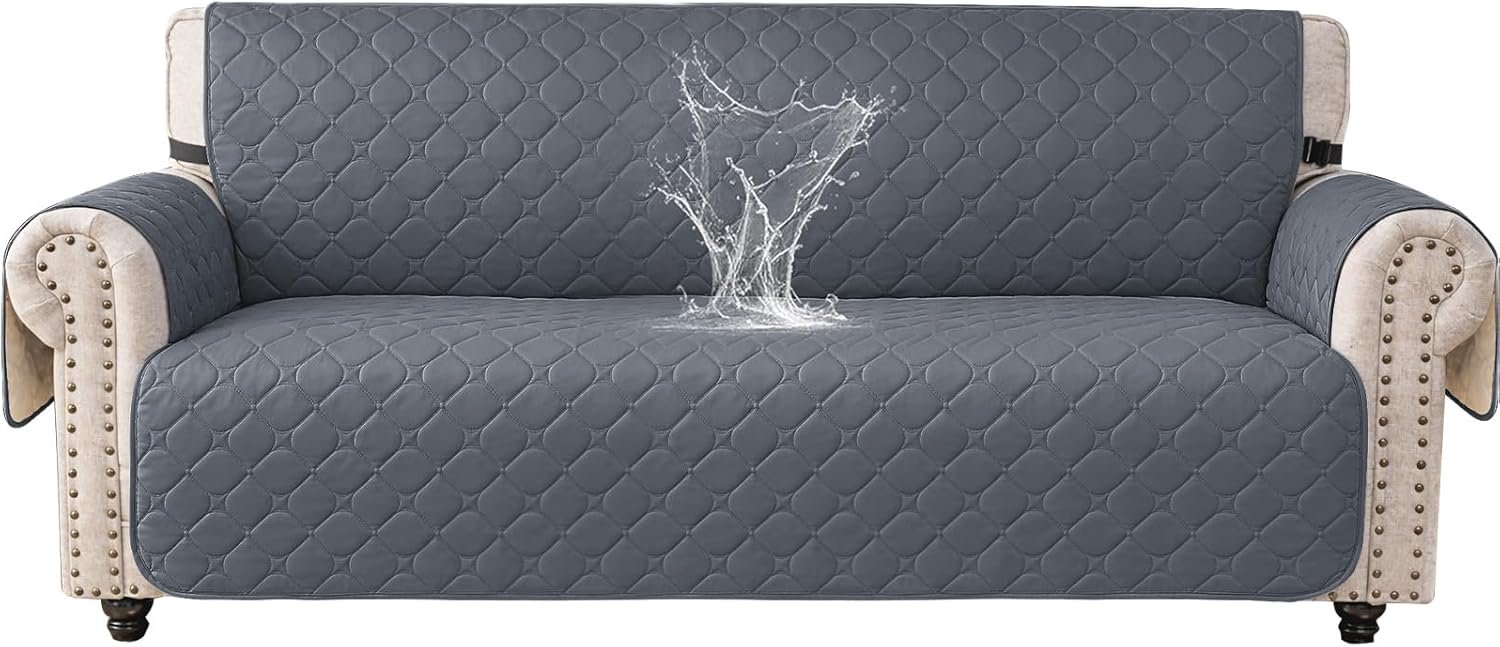 100% Waterproof Couch Cover for Pets, Sofa Covers for 3 Cushion Couch Washable, Non Slip Couch Covers for Dogs with Side Pockets, Quilted Couch Covers for Sofa (Sofa, Dark Grey)
