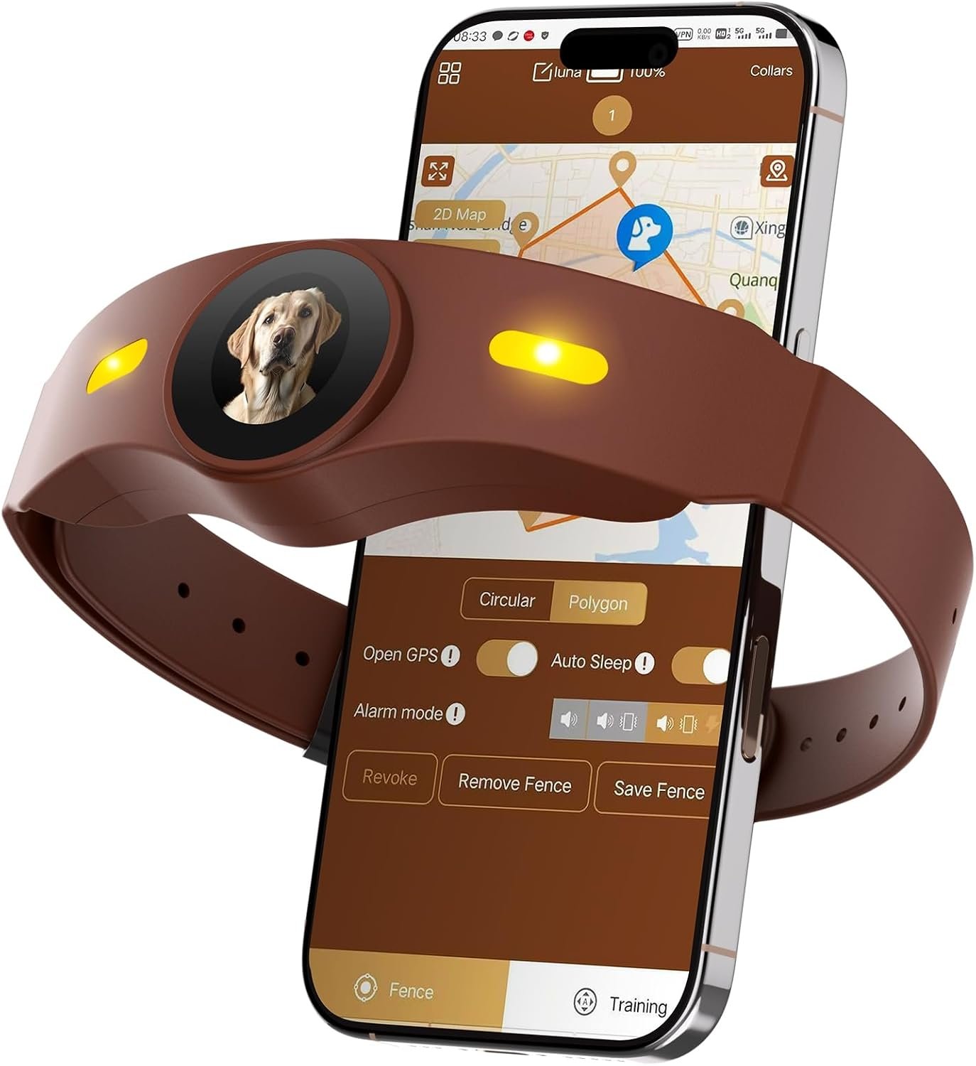 GPS Wireless Dog Fence, Smart Portable Electric Dog Fence Collar with Free App, 64-3280ft Adjustable Boundary, Rechargeable IP7 Waterproof, for Small Medium Large Dogs Outdoor Use (Brown)