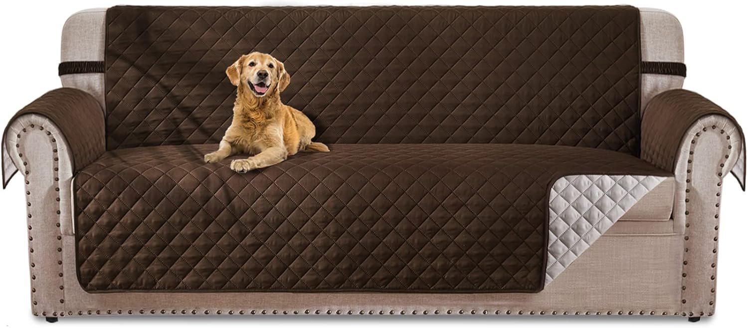 HOMERILLA Reversible 3 Cushion Couch Cover for Dogs Water Resistant Washable Pets Furniture Protector Sofa Cover with Elastic Straps (68″ Sofa, Chocolate/Beige)