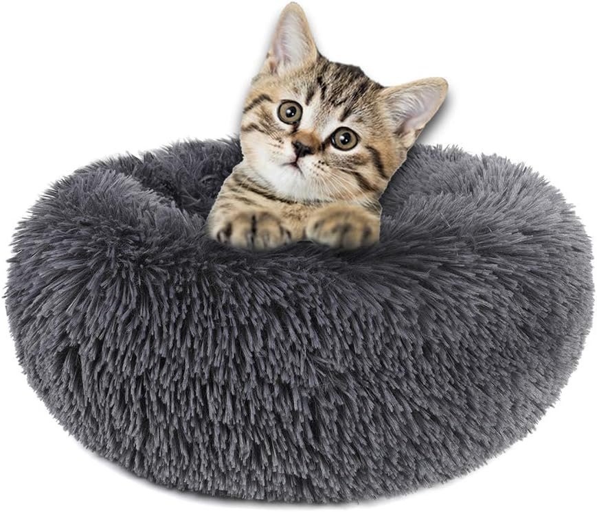 otoez Kitten Puppy Bed Extra Small XS Round Dog Cat Beds Anti Anxiety Plush Pet Calming Donut Bed with Non-Slip Waterproof Bottom, Washable (15.7″, Dark Grey)