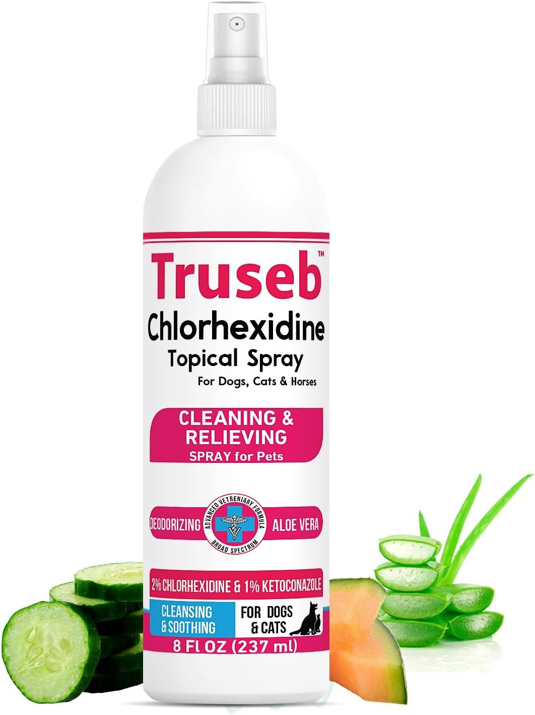 Truseb Advanced Strength Medicated Chlorhexidine for Dogs Cats Horses Skin Spray with Aloe Vera – Medicated Ketoconazole Spray for Skin Irritation, Hot Spots, Redne (Medicated Ketoconazole Spray, 8oz)