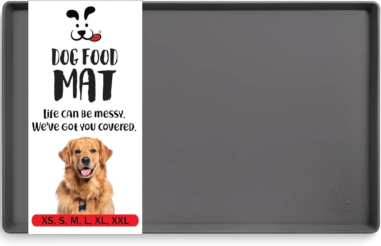 DogBuddy Dog Food Mat – Waterproof Dog Bowl Mat for Food and Water, Silicone Pet Feeding Mats for Floors, Non-Slip Placemat with High Edges for Dogs Bowls, Puppy Essentials (L: 24″ x 16″, Shadow)