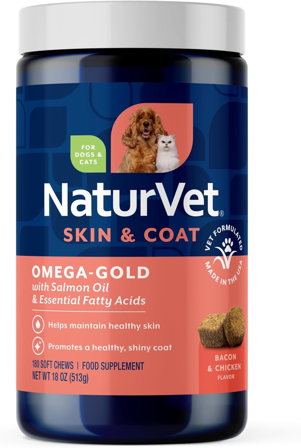 NaturVet – Omega-Gold Plus Salmon Oil | Supports Healthy Skin & Glossy Coat | Enhanced with DHA, EPA, Omega-3 & Omega-6 | for Dogs & Cats | 180 Soft Chews
