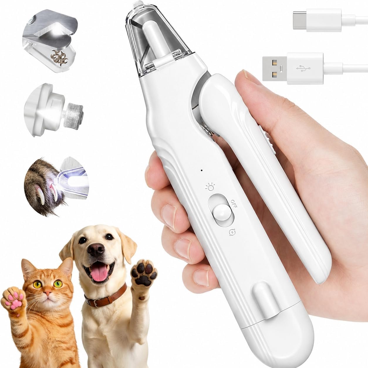 2-in-1 Dog Nail Clippers with Light – Electric Pet Nail Grinder Quiet for Small Large Dogs & Cats, LED Prevent Over Cutting, USB-C Rechargeable Safety Guard Grooming Kit for Black Nails-SGX