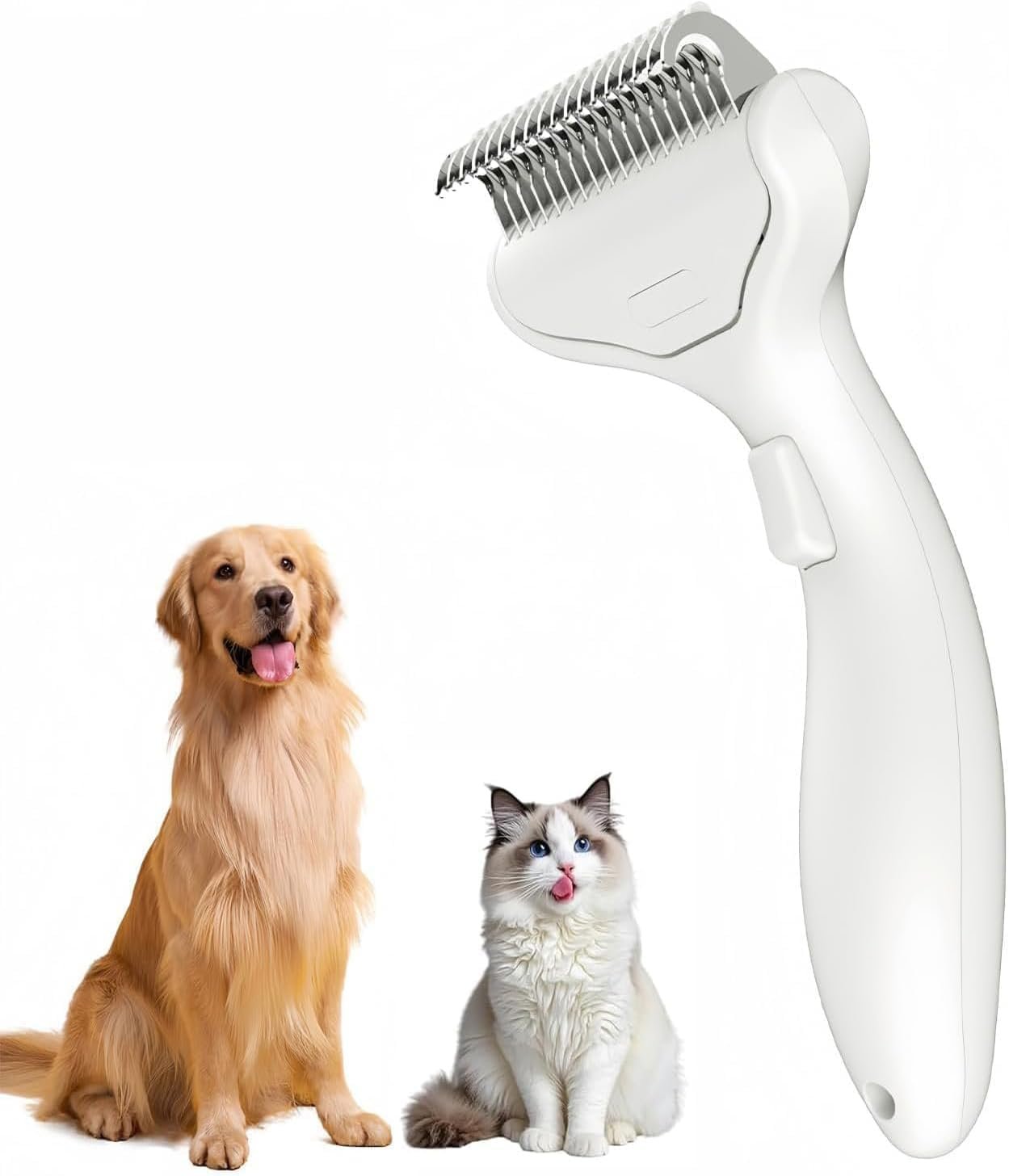 Undercoat Rake for Dogs & Cats, 3-in-1 Skin-Friendly Grooming Tool with One-Click Self-Clean Button, Ideal for Long-Haired Pets, Removes Matted Fur & Loose Hair