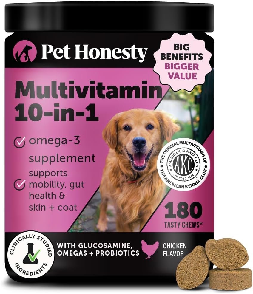 10-in-1 Dog Multivitamin Supplement with Glucosamine & Probiotics – Hip & Joint Support, Digestive Health, Immune Support, Heart & Skin – All-in-One Daily Vitamins & Omega-3s for Dogs (Chicken 180 Ct)