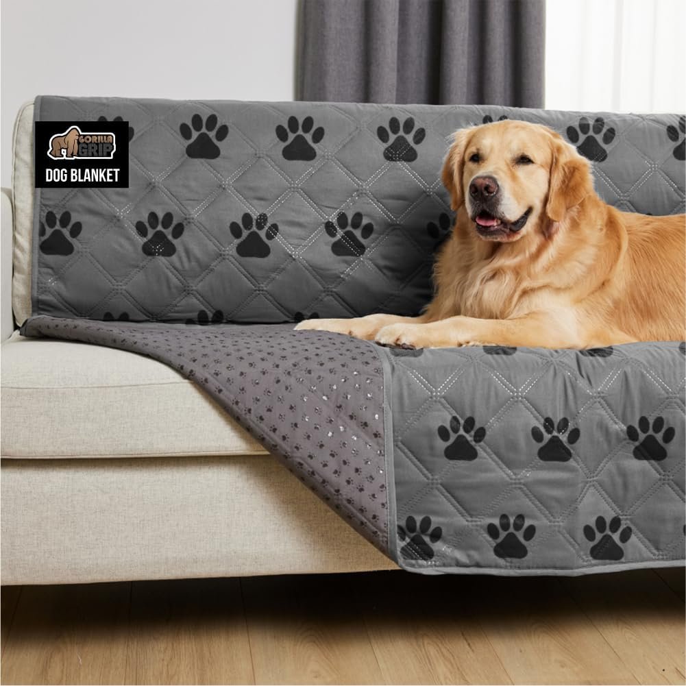 GORILLA GRIP® Waterproof Dog Blanket, Leakproof Couch Cover for Dogs, Silicone Grip Backing, Protects Sofa, Sectional, Bed, Crate, Car & RV, Tear-Resistant Washable Senior Pet Blanket, 50×40, Gray Paw