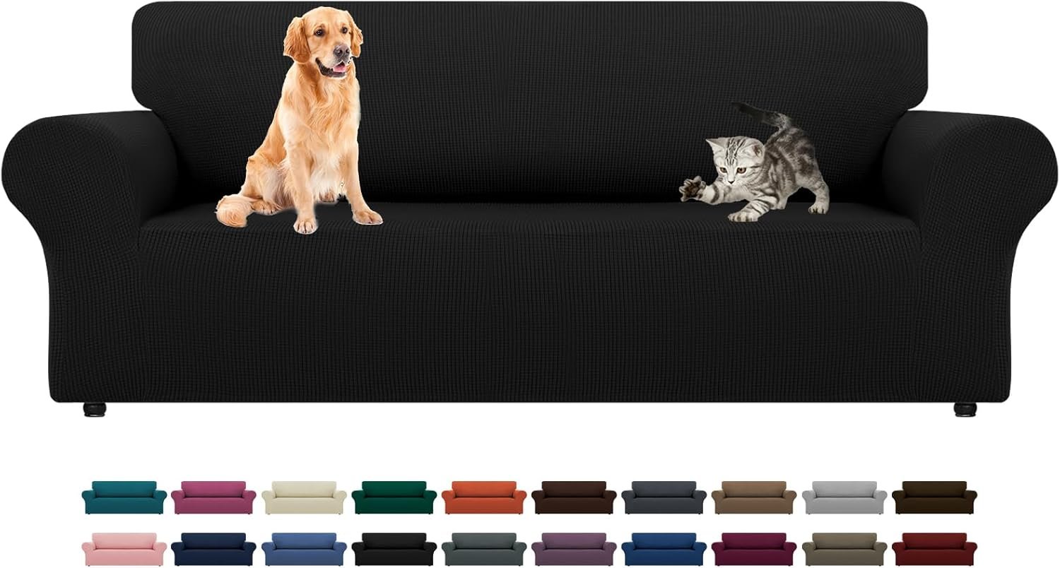 LURKA Stretch Sofa Slipcovers Couch Covers for 3 Cushion Couch Sofa Pet Friendly Non Slip Sofa Cover Washable Furniture Protector with Elastic Bottom (Large, Black)