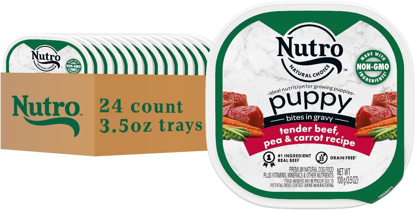Nutro Puppy Grain Free Dog Food, Natural Wet Dog Food Bites in Gravy Tender Beef, Pea & Carrot Recipe, 3.5 oz. Trays (24 Count, Pack of 1)