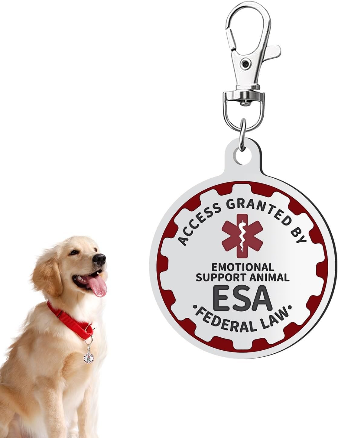 Emotional Support Dog Tag Emotional Support Dog Tag Metal Pet ID Tags ESA Tag Red Medical Alert Symbol Double Sided, Navy Lettering l Easily Switch Between Collars Harness and Vest.