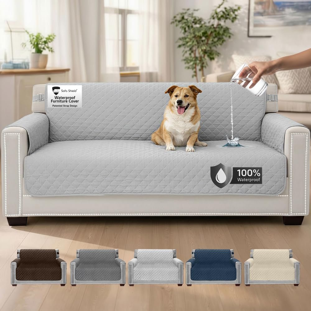 Sofa Shield 100% Waterproof Couch Cover with Patented Straps, Slip & Stain Resistant Furniture Protector, Machine Washable Sofa Slipcover for Dogs Cats Pets Kids, 70 inch Seat, Light Gray