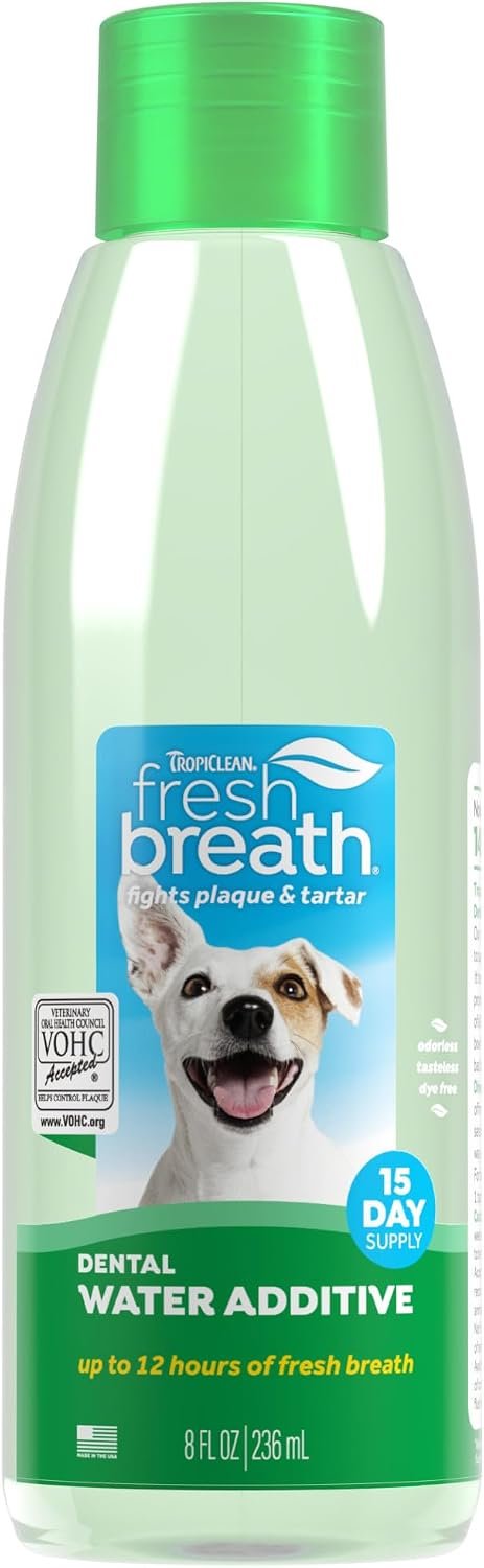 TropiClean Fresh Breath Water Additive for Dogs | Dog Breath Freshener & Teeth Cleaning Solution | No Toothpaste or Toothbrush Required | 8 oz