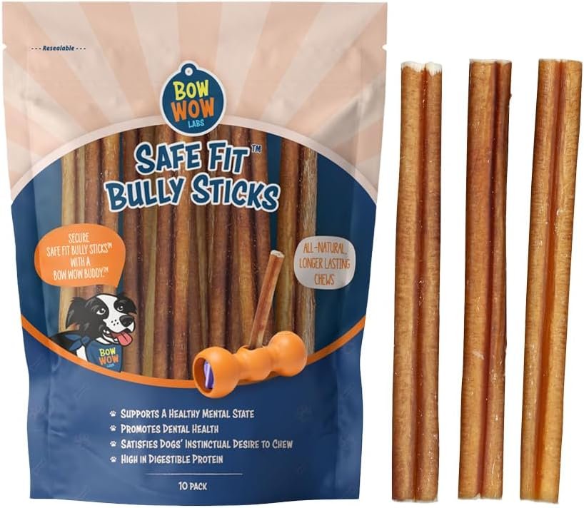 Bow Wow Labs SafeFit™ Bully Sticks for Dogs – 100% All Natural Beef Sticks, Grass-Fed, Low Odor, Long Lasting Dog Chews, Dog Chew Treats, Bully Stick for Small, Medium, Large Dogs – 6″ Midsize 10 Pack