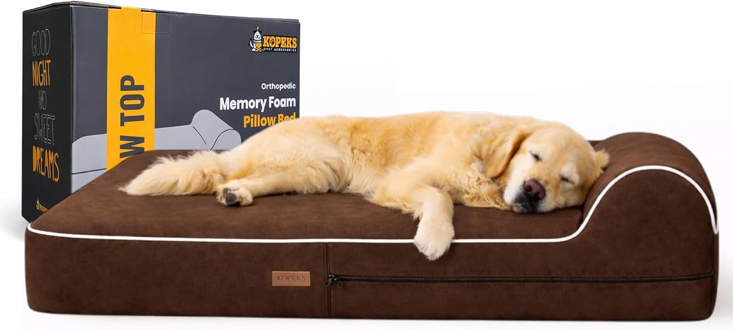 KOPEKS Orthopedic Memory Foam Dog Bed 7″ Inch Thick Extra Large Dog Bed With Pillow Brown 50″x34″x10″ Includes Waterproof Liner & Durable Removable Cover With Smart Design