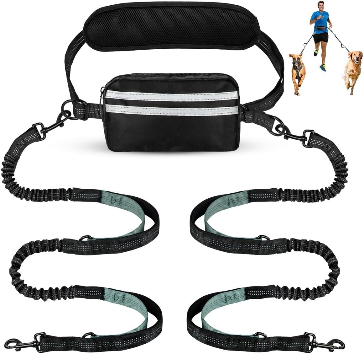 Hands Free Dog Leash, Double Dog Leash with Waist Bag, Back Brace, Double Padded Handles, Running Belt Fanny Pack with Phone, Treat, (Large, 26-120 lbs)